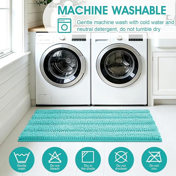 Striped Teal Green Bathroom Rug Set 3 Pieces Ultra Soft, Non Slip Chenille Toilet Mat, Absorbent Plush Shaggy Bath Mats for Bathroom, Bedroom, Kitchen, Turquoise