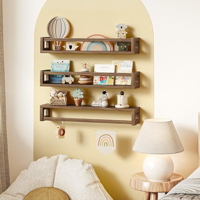 3 Pack 24 Inch Nursery Book Shelves, Solid Wood Floatingshelf, Walnut Brown | Durable Wall Mounted Shelves, Long Display Space for Books, Photos, Bedroom, Living Room and Spice Rack & Decor
