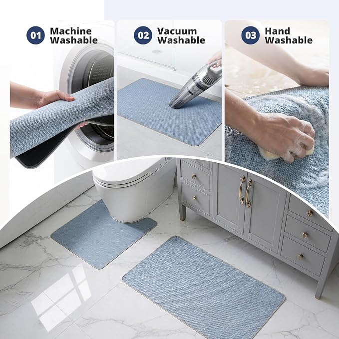 Bathroom Rugs Sets 2 Piece, Thin Bath Mat & U-Shaped Contour Toilet Rug Absorbent Quick Dry, Machine Washable, Non Slip Low Pile Bath Mats for Bathroom/Tub/Sink/Shower (30"x20" Plus 24"x20" U, Blue)