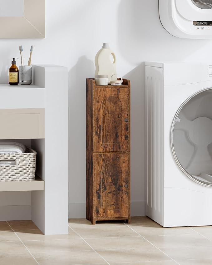 Hzuaneri Bathroom Storage Cabinet, Small Corner Floor Cabinet with 2 Doors | Narrow Toilet Paper Cabinets with Adjustable Shelf, Bathroom Organizer for Small Spaces, 7.9"D x 7.9"W x 29.5"H Rustic Brown