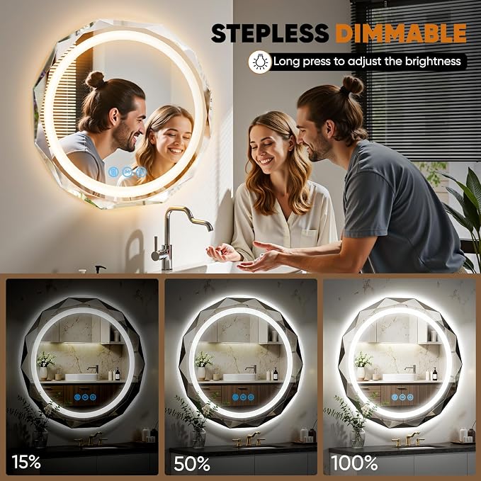 28" Round LED Bathroom Vanity Mirror, Backlit Anti-Fog Frameless | Beveled Edge, Dimmable 3 Colors, Memory Function, HD Shatterproof Tempered Glass, Lighted Mirror for Wall