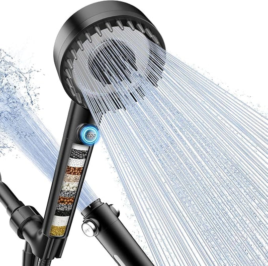 Filtered Shower Head with Handheld, High Pressure Showerhead with Filters | 4 Spray, ON/OFF Button for Pets, Detachable Shower Heads with Water Softener Filter Beads for Hard Water- Remove Chlorine