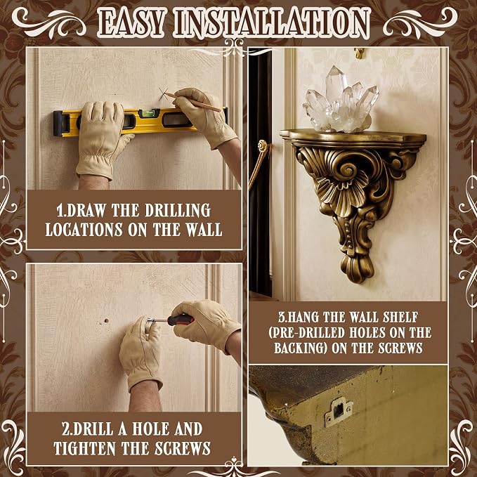 Pinkunn 11" Vintage Antique Gold Floating Wall Bracket | French Country Fleur De Lis Victorian Baroque Floating Shelf, Gothic Decorative Bracket for Living Room, Bedroom & Entryway