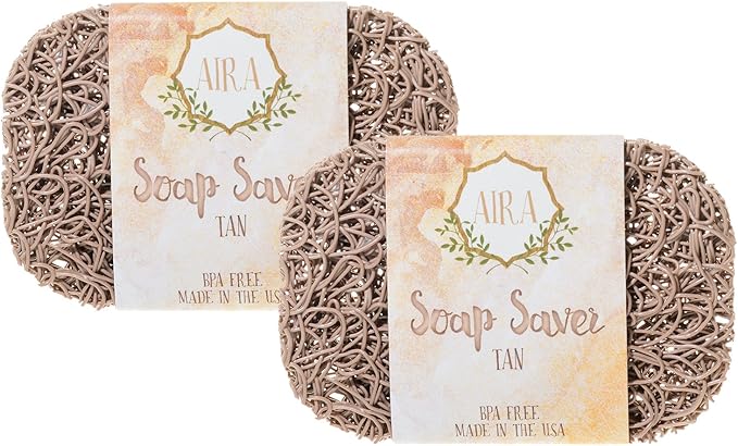Aira Soap Saver - Soap Dish & Holder - BPA Free Shower & Bath Accessory - Drains Water, Circulates Air - Easy to Clean, Fits All Sets - Tan Double Pack