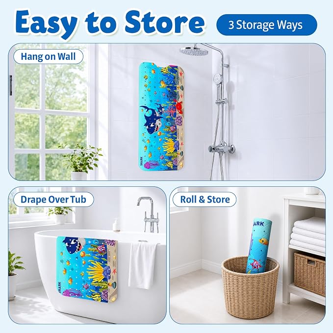Baby Bath Mat for Tub Non Slip Kids Bath Mat - 40''x16'' Extra Long Cartoon Bathtub Mat Non Slip Kids Shower Mat Eco-Friendly Toddler Bath Mats with Suction Cups, Machine Washable, Shark