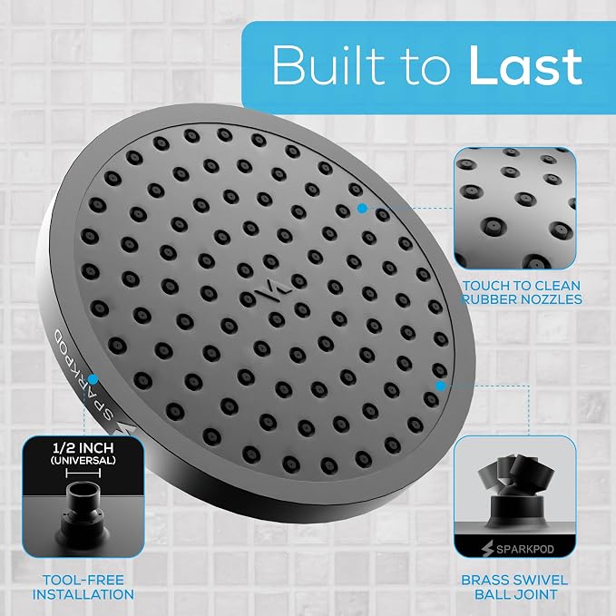 SparkPod Rain Shower Head, 8 Inch Round, Midnight Black Matte Finish | High Pressure Shower Heads, 90 Nozzles, Adjustable Showerhead, No Tools Needed, Universal Connection