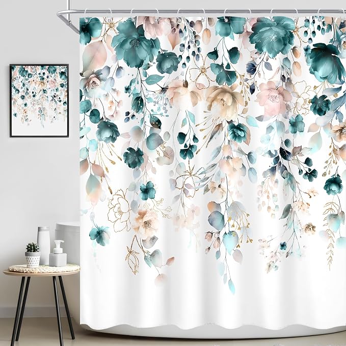 Floral Teal Green Eucalyptus Leaf Rustic Bathroom Shower Curtain Set | 72"W x 72"L Flower Watercolor style, clear shower print, fast-dry fabric and hooks for a simple bath update.