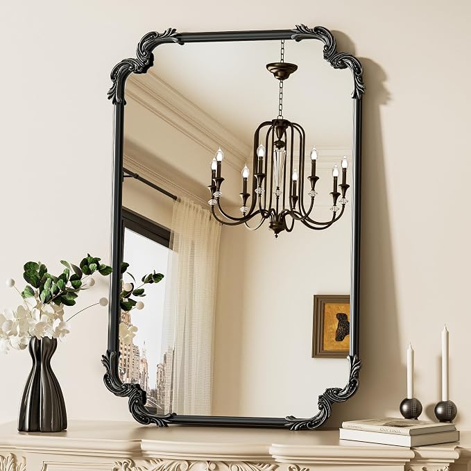 Antique Black Rectangle Mirror for Mantle Fireplace 24 x 36 Baroque Vintage Ornate Scroll Wall Mirror with Metal Frame for Traditional Victorian French Decor, Horizontal/Vertical