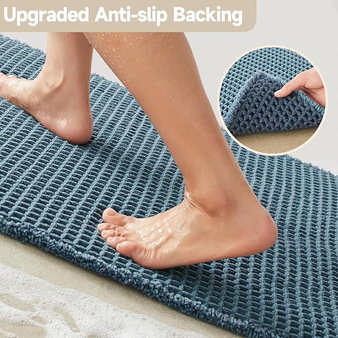 TYUU Waffle Bath Mat, Boho Bathroom Rugs Non Slip Washable Super Absorbent Quick Dry Bath Mat Farmhouse Bathroom Decor, 48"x24" Denim Blue