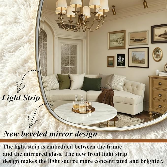POZINO 36"x24" Scalloped LED Bathroom Mirror with Lights, Black Metal Frame | Beveled Edge, 3 Color Dimmable, Anti-Fog, Memory Function, IP65 Waterproof, Smart Bathroom Vanity Mirror with Front Lights