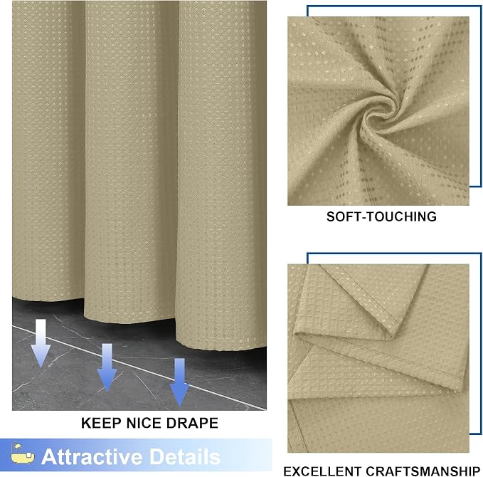 Waffle Shower Curtain Set for Bathroom, Textured Heavy Duty Fabric Bath Curtains, Luxury Hotel Weighted 230GSM Bathroom Decor with 12 Plastic Hooks, Machine Washable, 72Wx72L, Taupe