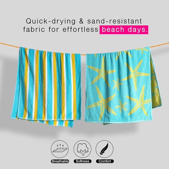 CASA COPENHAGEN Miami Towel 2Pcs Starfish Cyan - Teal Stripe Designer Stripe Beach Towels Gift Set 30"x60" Oversized 100% Cotton Pool Bath Towel for Beach Gift Set (Summer Gift Set for Women & Men)