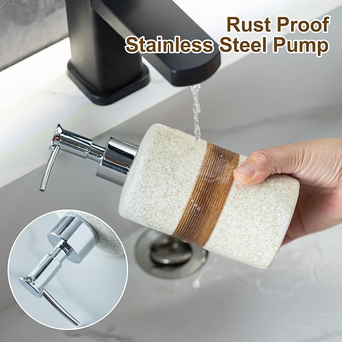 2 Pack Ceramic Soap Dispensers Set, Hand and Dish Soap Dispenser | Shampoo and Conditioner Dispenser Set, for Bathroom and Kitchen | with Stainless Steel Pump, Silicone Funnel and Tray, White