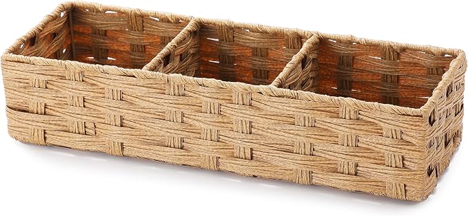 Toilet Tank Topper Paper Basket Multiuse Hand Woven Plastic Wicker Basket Bins with Divider for Shelves Rustic Farmhouse Bathroom Decor Countertop Organizer Storage (Yellow-big 3 boxes)