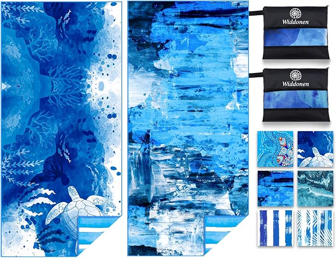 Widdonen Microfiber Beach Towel,Compact 2 Pack-71x32 Inch with Bag Travel | Extra Large,Lightweight,Thin,Sand Free,Quick Dry,Absorbent.Packable for Camping,Swim,Pool,Bath,Picnic,Cruise Essentials Gift