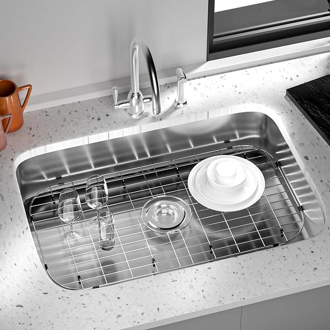 Sink Protector for Kitchen Sink,27.8 X 14.8 inch Sink Rack,Metal Sink Grate with Strainer,Stainless Steel Sink Grid for Bottom of Sink with Centered Drain Hole