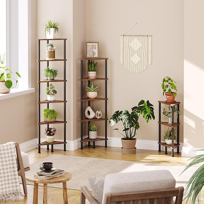 HOOBRO Corner Shelf Stand, Industrial 6-Tier Wall Corner Bookshelf with Metal Frame, Plant Display Shelf, Bookcase for Small Spaces, Bedroom, Living Room, Rustic Brown BF36CJ01