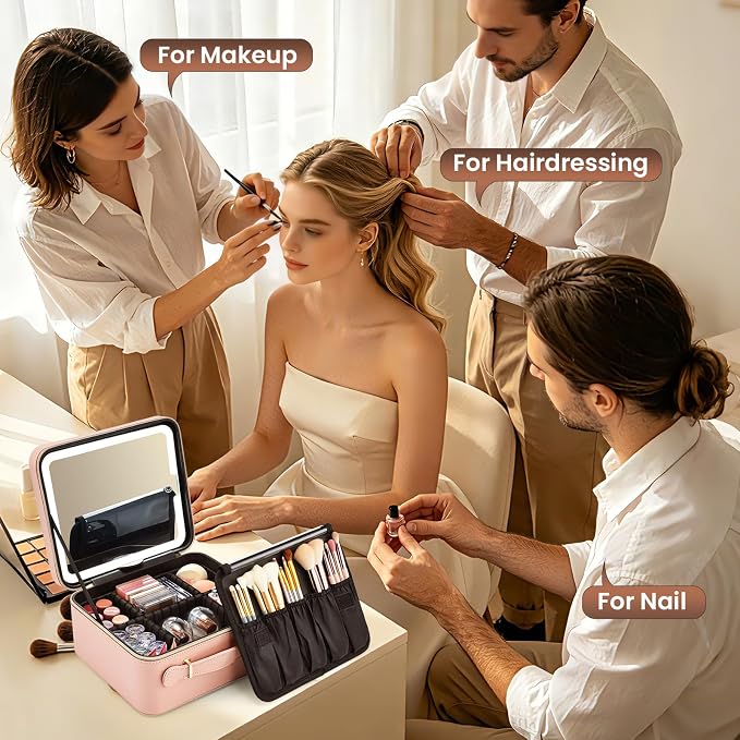 Faquenc Leather Makeup Bag with LED Lighted Mirror 9.64 Inch Travel Makeup Organizer Bag Adjustable Brightness in 3 Colors Cosmetic Case Artist Storage Bag with Dividers Brush Holder Bag Vanity Pink
