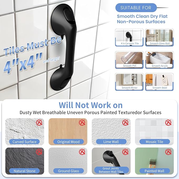 2 Pack 12 Inch Grab Bars for Bathtubs and Showers for Seniors, Heavy Duty Shower Handle for Elderly, Suction Cup Removable Handrails Handicap Bath Grip Bathroom Upgrade Safety Grips (Black)