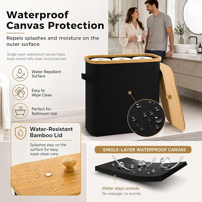 Premium Waterproof Toilet Paper Storage Box with Bamboo Lid - Fits 9 Mega Rolls, 900D Heavy-Duty Fabric Bathroom Organizer Bin with Elevated Base & Handles for Narrow Spaces (17.3"x 6.9"x 15.5")