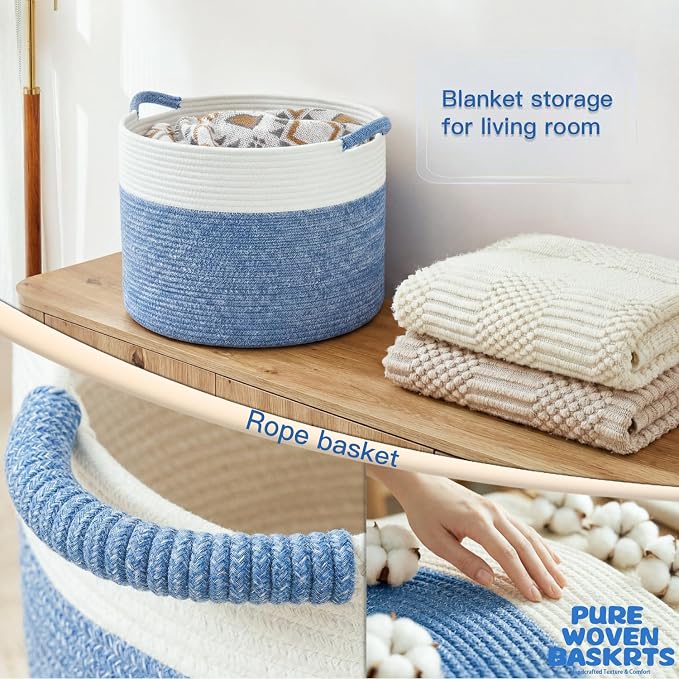 Artfeel 70L Large Cotton Rope Basket, Decorative Woven Blanket Storage for Living Room, Boho Toy Storage & Toy Box for Kids, Versatile Laundry Basket & Nursery Hamper for Blankets(DenimBlue)
