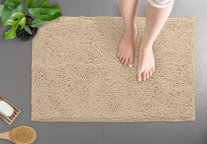 LuxUrux Ultra-Soft Chenille Bath Mat - Plush Microfiber Bathroom Rug, Super Absorbent & Quick-Dry, Cozy Shaggy Design, Machine Washable (24 x 36 inches, Birch)