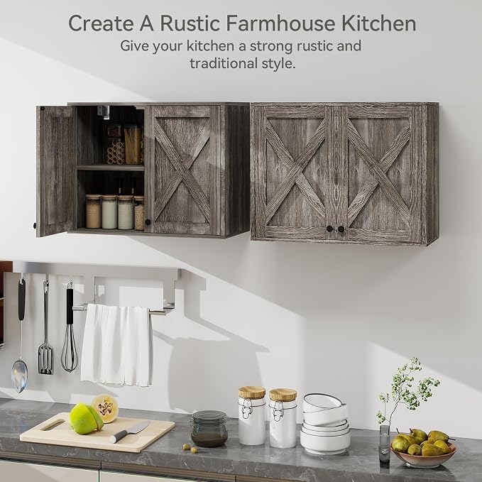 YOURLITE Laundry Cabinet, Medicine Cabinet, Bathroom Kitchen Storage Wall Mounted Farmhouse Organizer with Shelves Over Toilet, One Set of 2 Pieces X 24", Grey