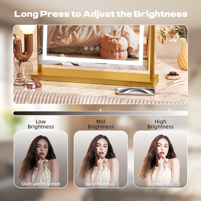 Hasipu Vanity Mirror with Lights, 17" x 22" LED Makeup Mirror with Smart Touch 3 Color Modes and Brightness Adjustment, 10X Magnifying,360° Rotation(Gold)