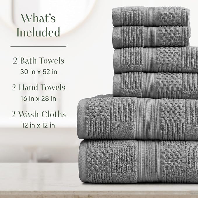 100% Cotton Bath Towel Set | 6-Piece Set | Textured Carbon | Luxury Geometric Design | Absorbent & Quick-Dry Bathroom Towels | Textured and Durable Cotton Towels for Bathroom | OEKO-TEX