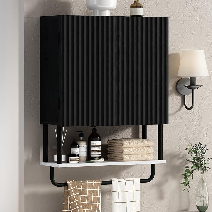 RUSTOWN Fluted Bathroom Wall Cabinet with 2 Doors, 3-Tier Medicine Cabinet | Modern Farmhouse Wall Mounted Cabinets, Over The Toilet Storage Cabinet, Adjustable Shelf and Towel Bar, Medium