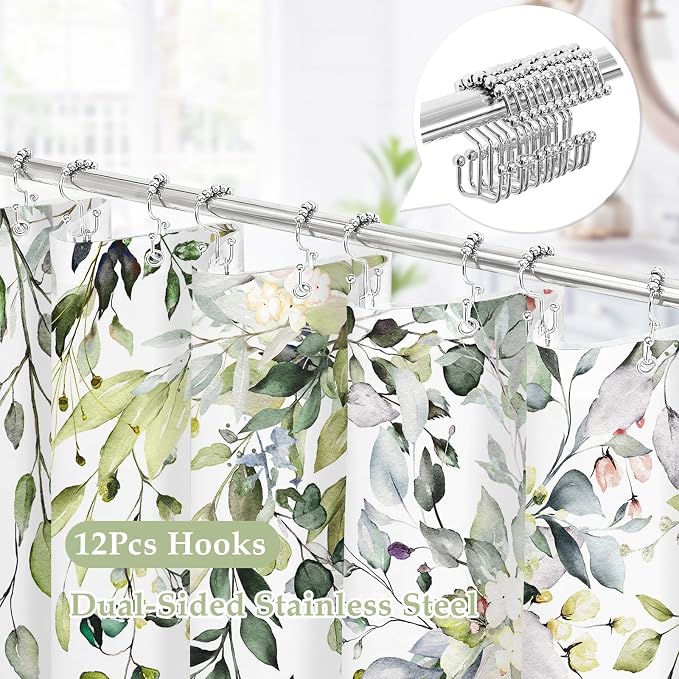 3 in 1 Shower Curtain Set, Sage Green Eucalyptus Curtain 72x84 | Bath Curtain and PEVA Liner Set with 12 Metal Hooks, Waterproof Fabric Bathroom Decor, Machine Washable, Rustproof Grommets