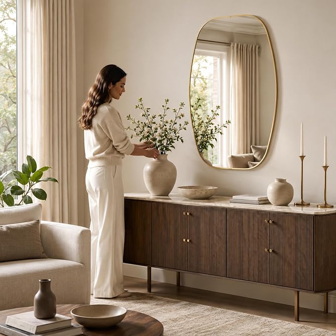 Matte Gold Capsule Bathroom Mirror, 24x36 Inch | Aluminum alloy frame, muted vintage gold tone, tempered glass, two-way mount for dressing space