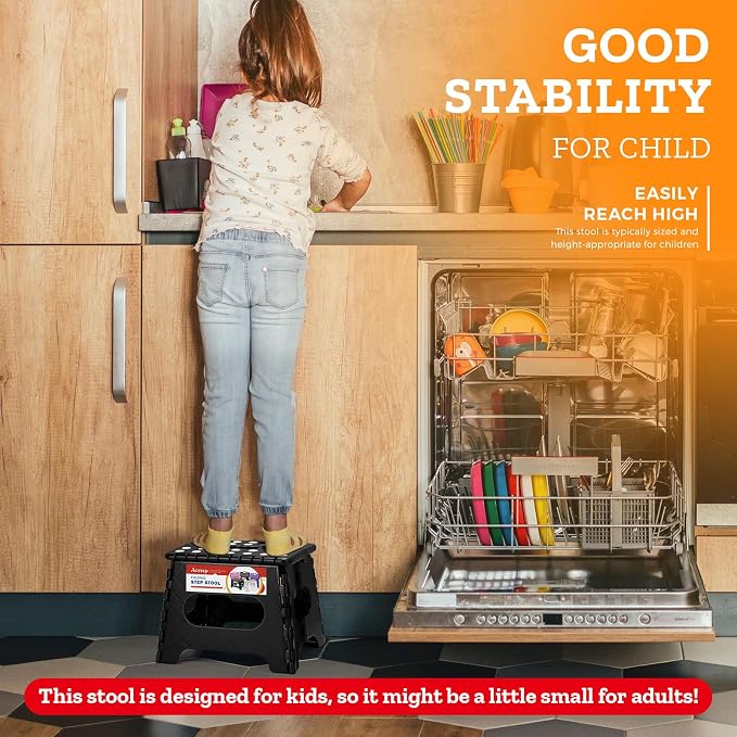 Collapsible Step Stool 7.5 Inch, Small Folding Stool, 176 lbs, Black | Lightweight Foldable Step Stool for Kids and Adults with Handle, for Kitchen, Bathroom, Car, and Compact Home Storage