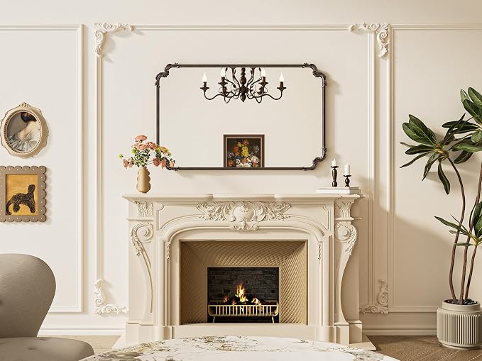 Baroque Antique Bronze Scroll Wall Mirror 48 x 30 Vintage Rectangle Framed Baroque French Rectangular Mirror for Mantle Fireplace Bathroom Living Room, Horizontal/Vertical