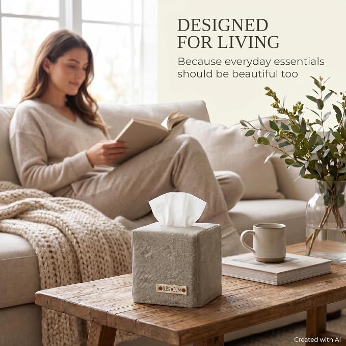 Stylish Tissue Box Cover - This Gray Linen Holder Instantly Covers Your Square Tissue Boxes - The Perfect Cube Cover for Your Bathroom and Home