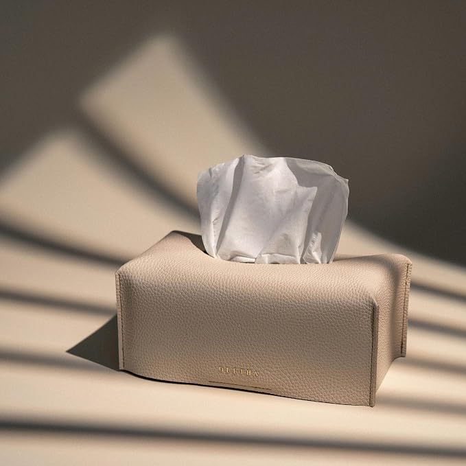OLETHA Aesthetic Rectangle Tissue Box Cover, Standard, Light Taupe | Faux leather tissue box holder fits Kleenex 110-160 ct flat boxes; desk decor for home, office, room; velcro base; easy swap
