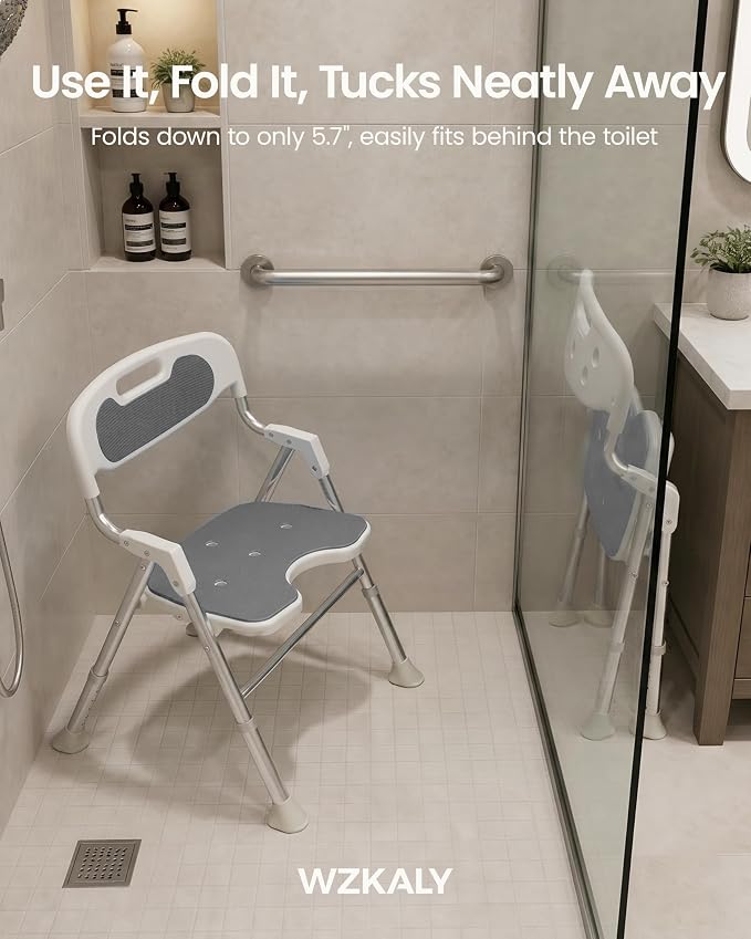 Foldable Shower Chair with Arms and Back Inside Shower, 400LBS Heavy Duty Shower Seat for Elderly Seniors Disabled Adults, U-Shape Cutout 6-Level Height Adjustable Folding Bath Stool