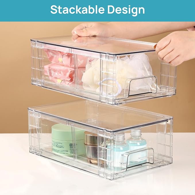 Vtopmart 2 Pack Stackable Clear Drawer with Dividers | Clear Drawer Organizers with Removable Dividers for Flexible storage. Stackable, Non-slip, for Fridge, Under Sink & Bthroom