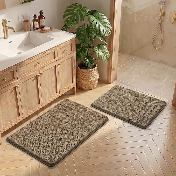 Bcoimo Bath Rugs Mat Set,2 Piece Non Slip Chenille Latte Bathroom Mat Sets | Extra Soft Bathroom Rug set;Non Slip with Rubber Backing Microfiber Mat;High Absorbent And Quick Drying mats;Machine Washable