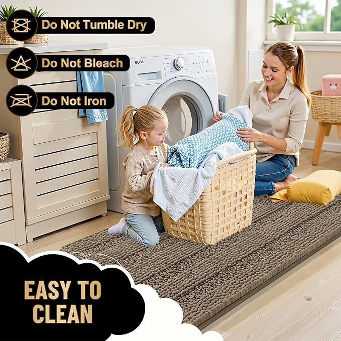 OLANLY Thick Bathroom Rugs 36x24, Soft Chenille Striped Bath Rugs, Tan | Rubber Backing, Machine Wash, Extra Absorbent Bath Mats for Bathroom Floor, Tub and Shower, Home Decor Accessories