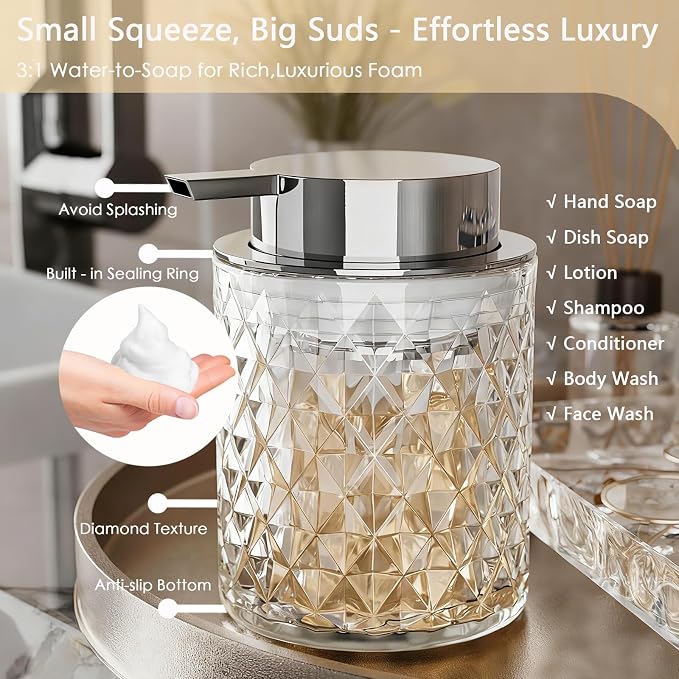 Glass Bathroom Accessories Set 5Pcs Crystal Clear- Foaming Soap Dispenser, Soap Dish, Cup, Acrylic Toothbrush Holder with Tray Organizer, Cotton Swab Jar, Bathroom Counter Set Sink Decor