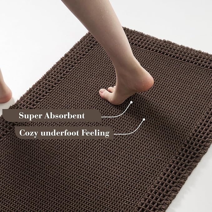 RESARE Waffle Bath Mat for Bathroom Non Slip Bathroom Rugs 17x24 Dark Brown | Absorbent Boho Bathroom Floor Mats Machine Washable Quick Dry, Soft Solid Bath Rugs with Tassels, Ideal Farmhouse Home Decor