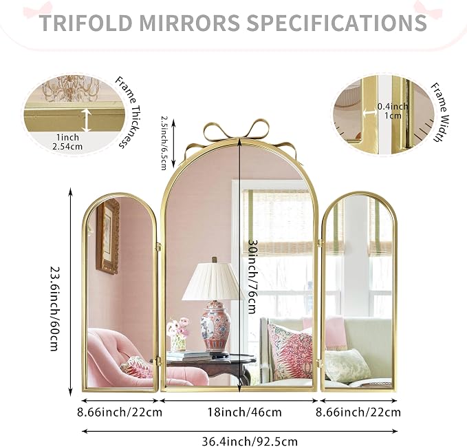 BAODANFU Trifold Vanity Mirrors Bow Top, Gold 3-Way Makeup Mirrors Over Bathroom Sink, Adjustable Arched Decorative Mirror for Entryway, Bedroom, Dressing Room, Tabletop & Wall Mounted, Braiding Hair