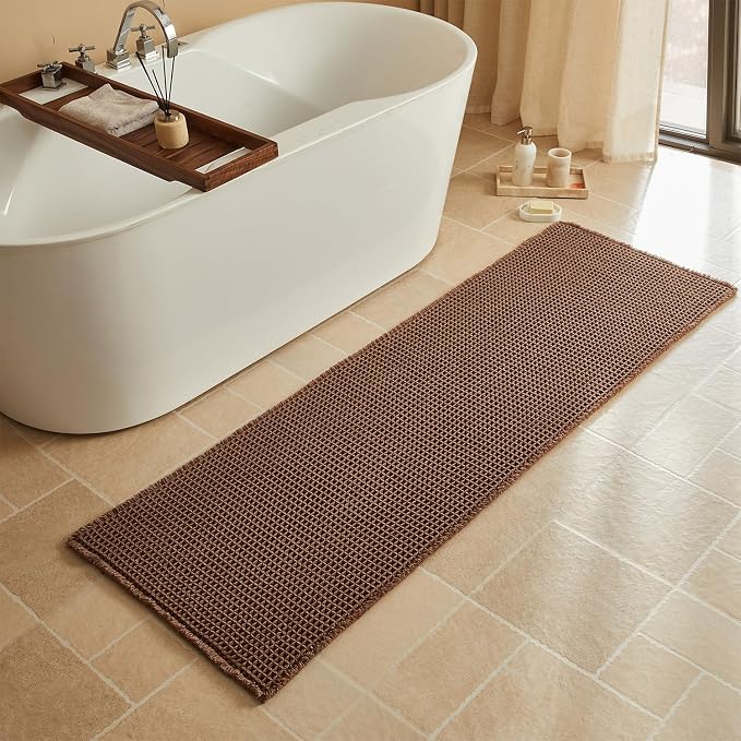 Triohero Waffle Runner Bath Mat - Long Bathroom Rugs Non Slip Washable, Ultra Soft Super Absorbent Quick Dry Boho Farmhouse Bathroom Decor, 24" x 72", Mocha