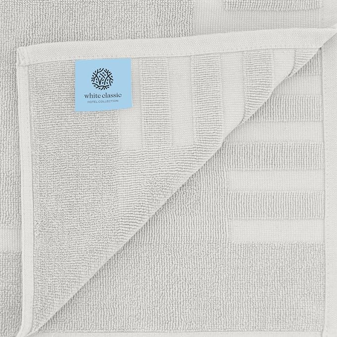 White Classic Luxury Bath Mat Floor Towel Set - Absorbent Cotton Hotel Spa Shower/Bathtub Mats [Not a Bathroom Rug] 22"x34" | 2 Pack | Silver