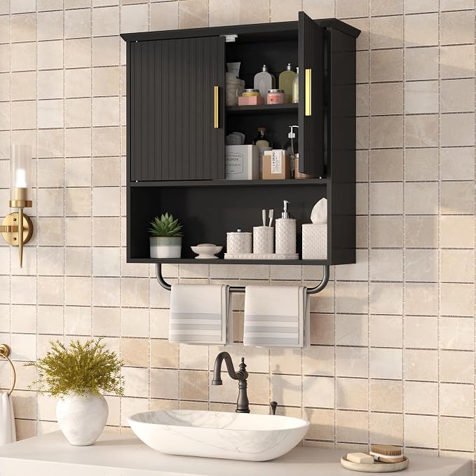 Wall Mounted Cabinet with Towel Bar & Shelves for Kitchen Bathroom | Black Space Saving Wood Bathroom Wall Cabinet 2 Doors for Laundry, Kitchen, Living Room