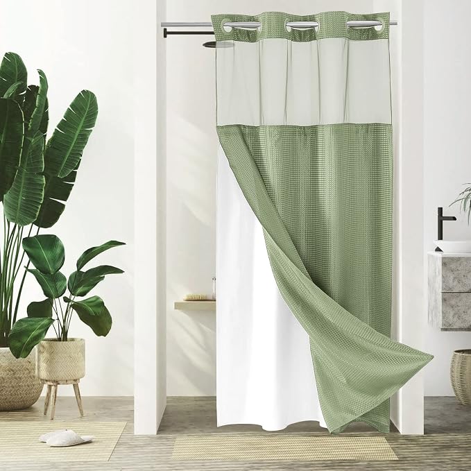 No Hook Cloth Green Shower Curtain with Liner, 36x74 | Snap-in Fabric Liner, Hotel Style with Mesh Top Window, Waterproof Coating, Machine Washable, Rustproof Grommets