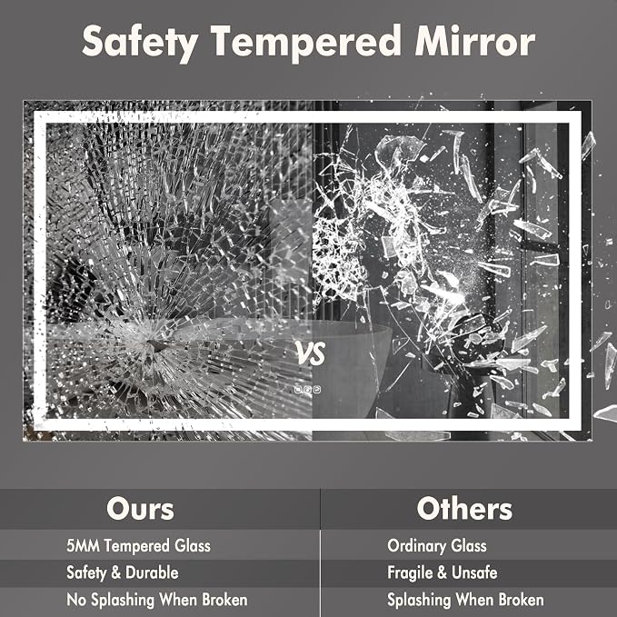 Large LED Bathroom Mirror 60x36 Inch - Frontlit & Backlit Frameless Wall Vanity Mirror with Stepless Dimming, Adjustable Color Temp, Anti-Fog Defogger, Smart Memory & 3X Suction Mirror, Sha