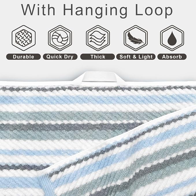 VOOVA & MOVAS Blue Striped Towels 3 Pack, 100% Cotton | Designed for Luxury Bathroom Use, 13x13, 16x27, 28x52 In, Quick Dry, Soft, Absorbent, Bath Towels with Hanging Loops