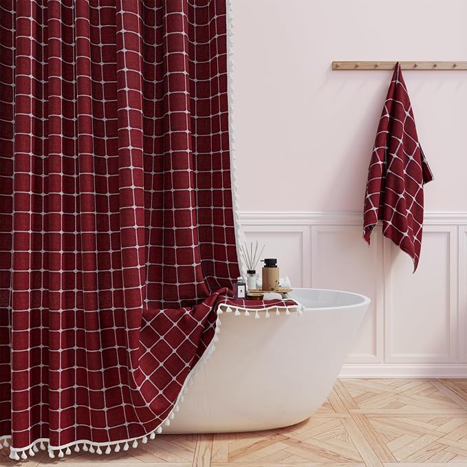 72x78 Boho Farmhouse Linen Heavy Duty Fabric Shower Curtain, Burgundy | Long Size, 330GSM Linen Blend, 3-side Tassels, Water Repellent Cloth, 12 Plastic Hooks, Rustic Bohemian, Machine Washable